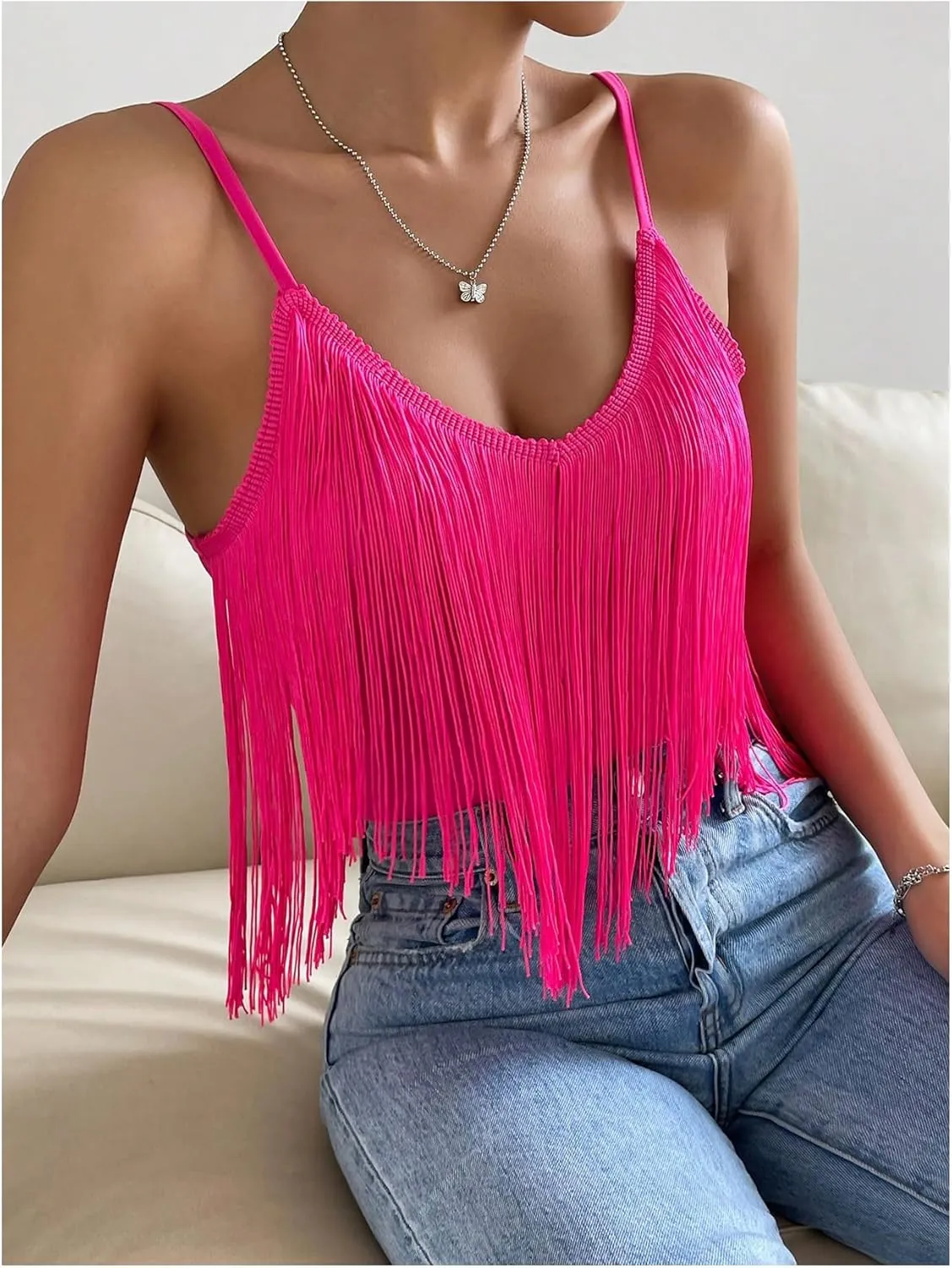 Women's Sleeveless Fringe Camisole Tops V Neck Spaghetti Strap Summer Cami Shirts
