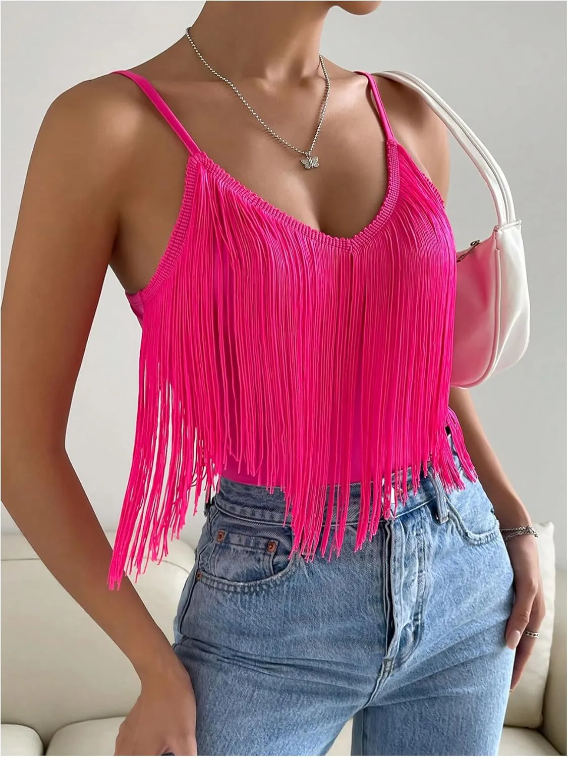 Women's Sleeveless Fringe Camisole Tops V Neck Spaghetti Strap Summer Cami Shirts