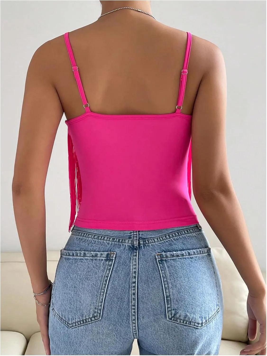 Women's Sleeveless Fringe Camisole Tops V Neck Spaghetti Strap Summer Cami Shirts