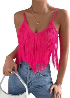 Women's Sleeveless Fringe Camisole Tops V Neck Spaghetti Strap Summer Cami Shirts