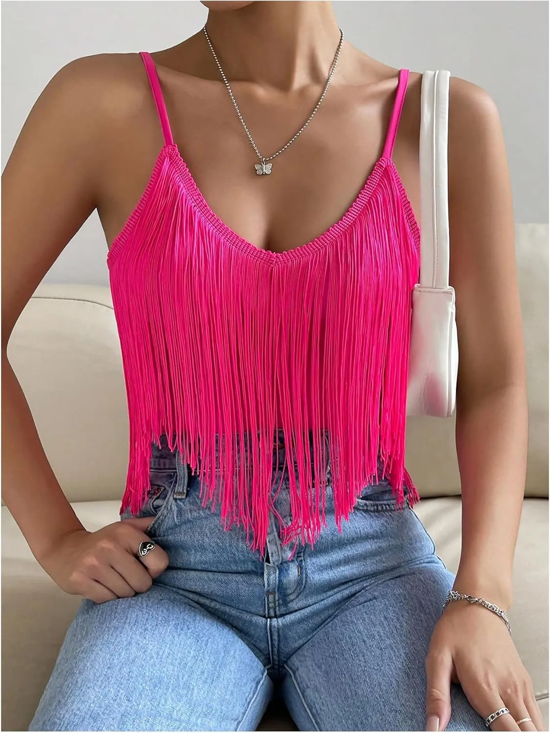 Women's Sleeveless Fringe Camisole Tops V Neck Spaghetti Strap Summer Cami Shirts