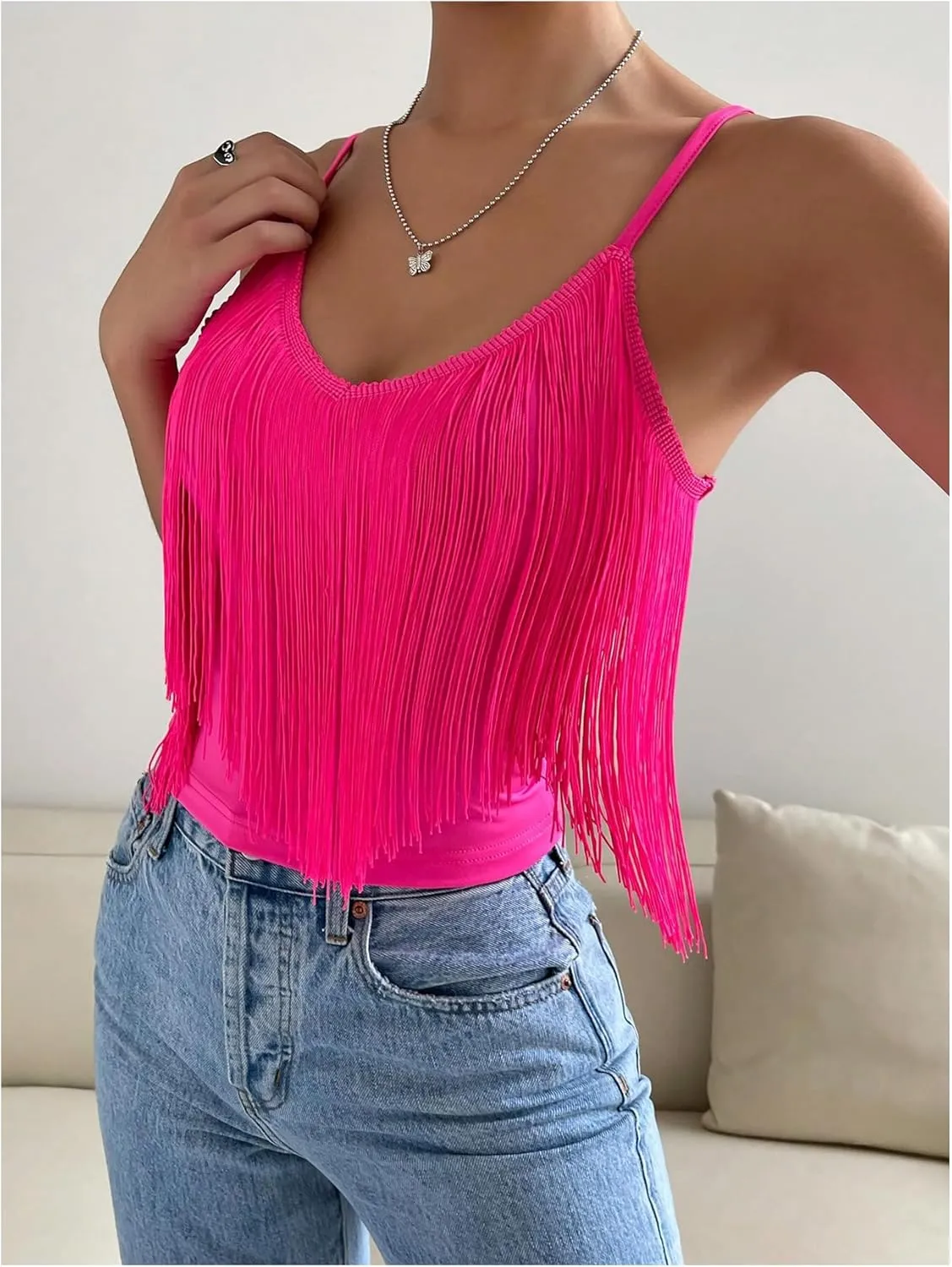 Women's Sleeveless Fringe Camisole Tops V Neck Spaghetti Strap Summer Cami Shirts