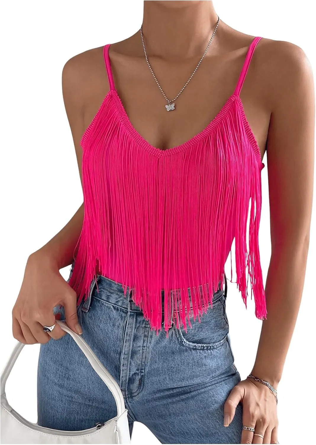 Women's Sleeveless Fringe Camisole Tops V Neck Spaghetti Strap Summer Cami Shirts